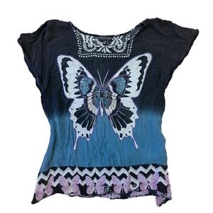 Y2K Vintage GreaterGood Butterfly Graphic Ombre Top Boho Dolman Sleeve S/M